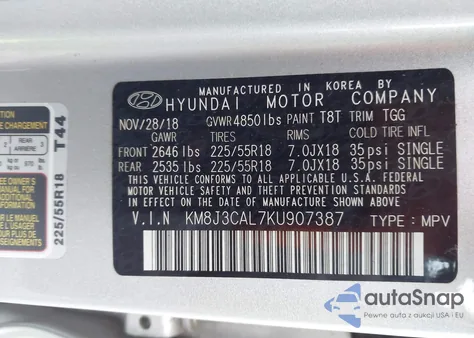 2019 Hyundai Tucson Sel from USA, damaged, VIN KM8J3CAL7KU907387